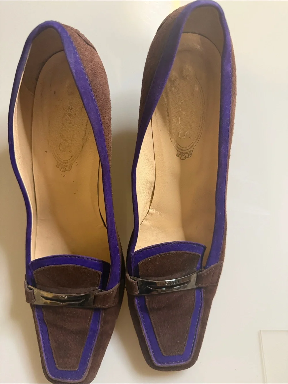 Tod's Brown Suede Heels with Purple Trim